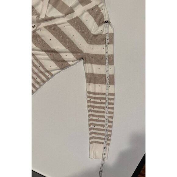 White House Black Market Cardigan Sweater M Striped Beige Metallic Rhinestone Bu - Picture 8 of 8